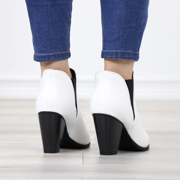 White Ankle Boots Pointed Toe Slip-On Black Elastic Block Heel Booties - Picture 8 of 12